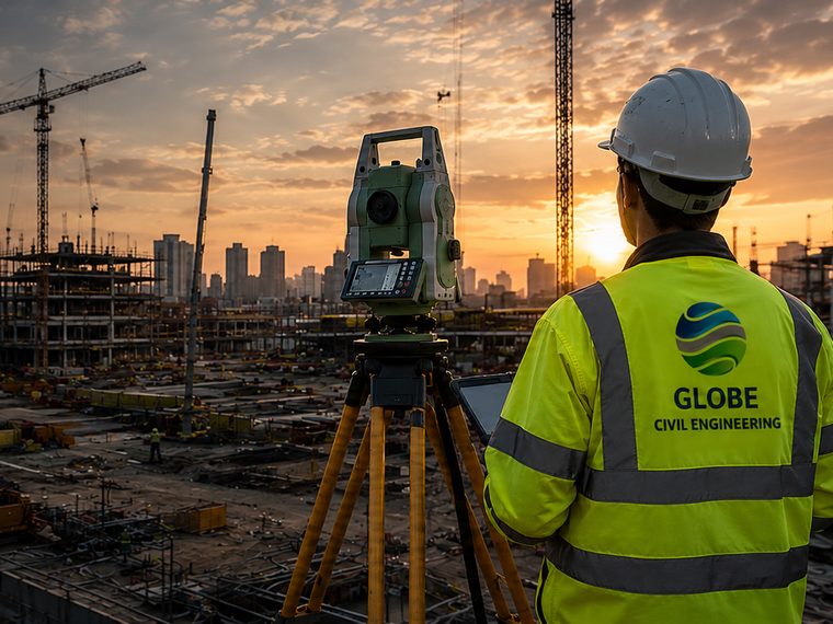 Setting out engineer using a total station on a large construction site at sunset